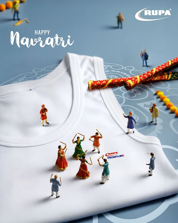 Navratri creative ad: Miniature garba dancers on a white men's vest