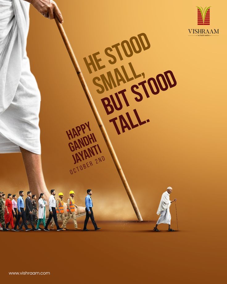 Giant Gandhi leg and staff above a small Gandhi leading a line of professionals