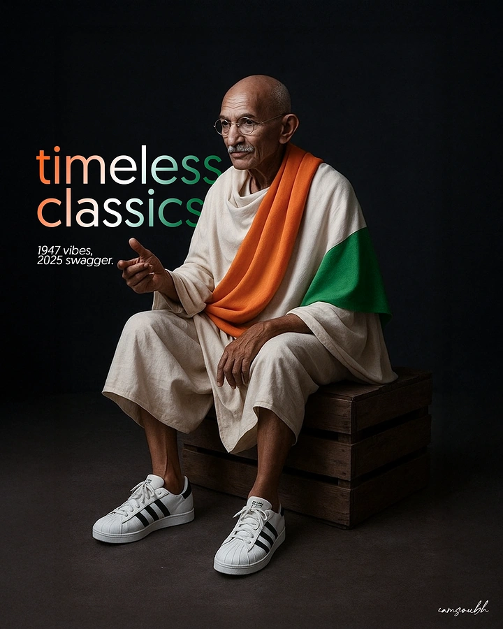 Gandhi Jayanti creative ad: AI-styled Gandhi figure in tricolour drape wearing white striped sneakers, seated on a crate
