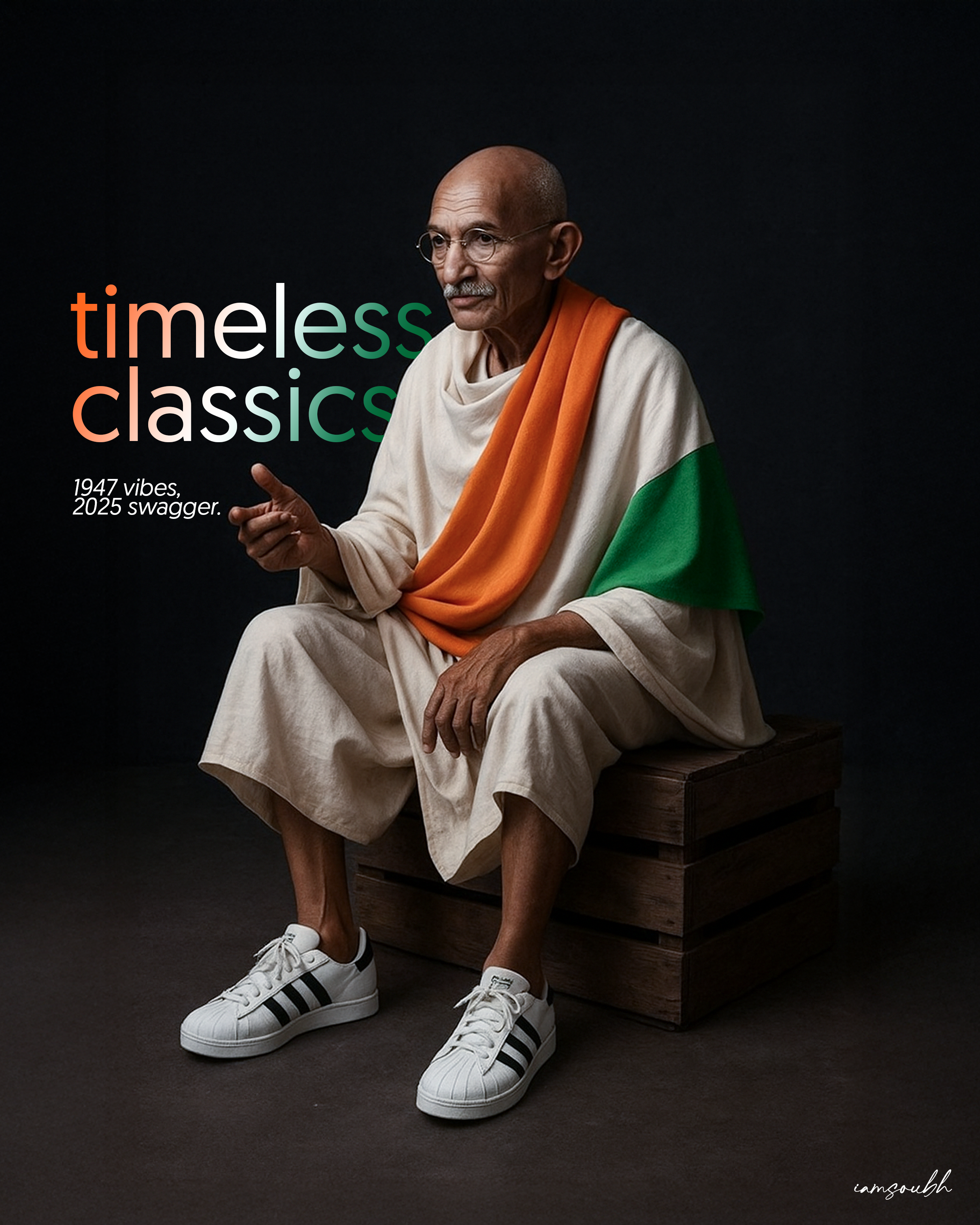 AI-styled Gandhi figure in tricolour drape wearing white striped sneakers, seated on a crate