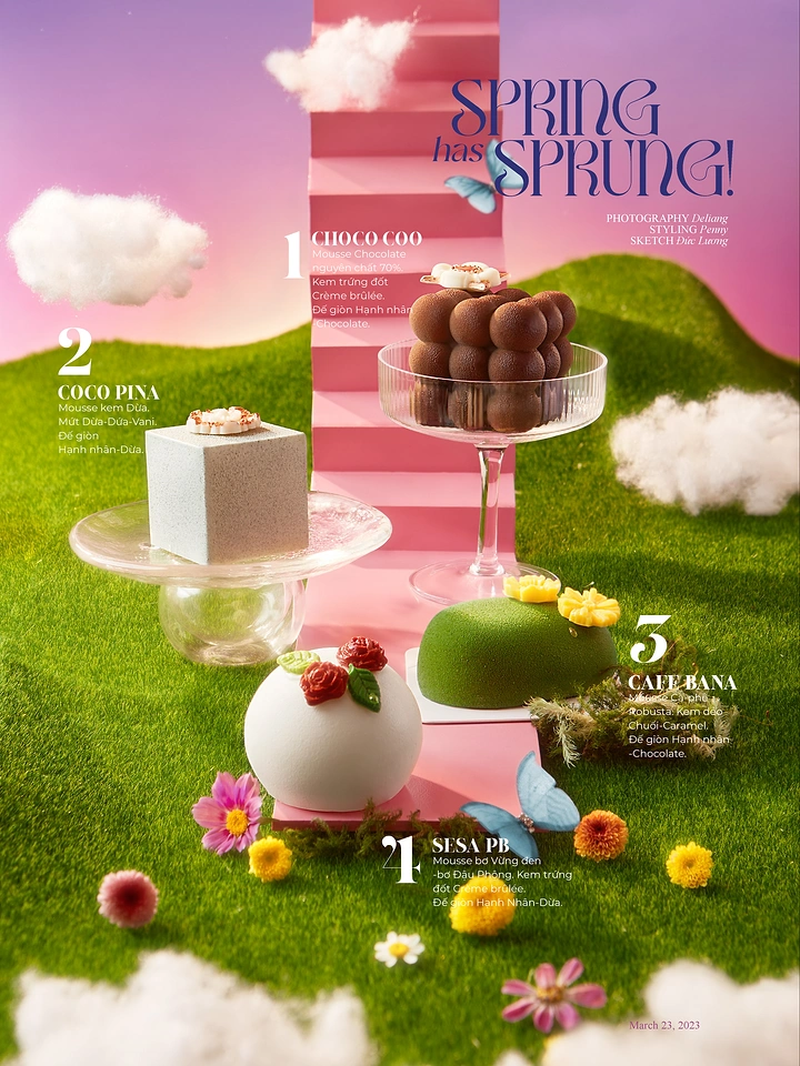 Creative ad: Four entremet desserts on a miniature grassy set with a pink staircase