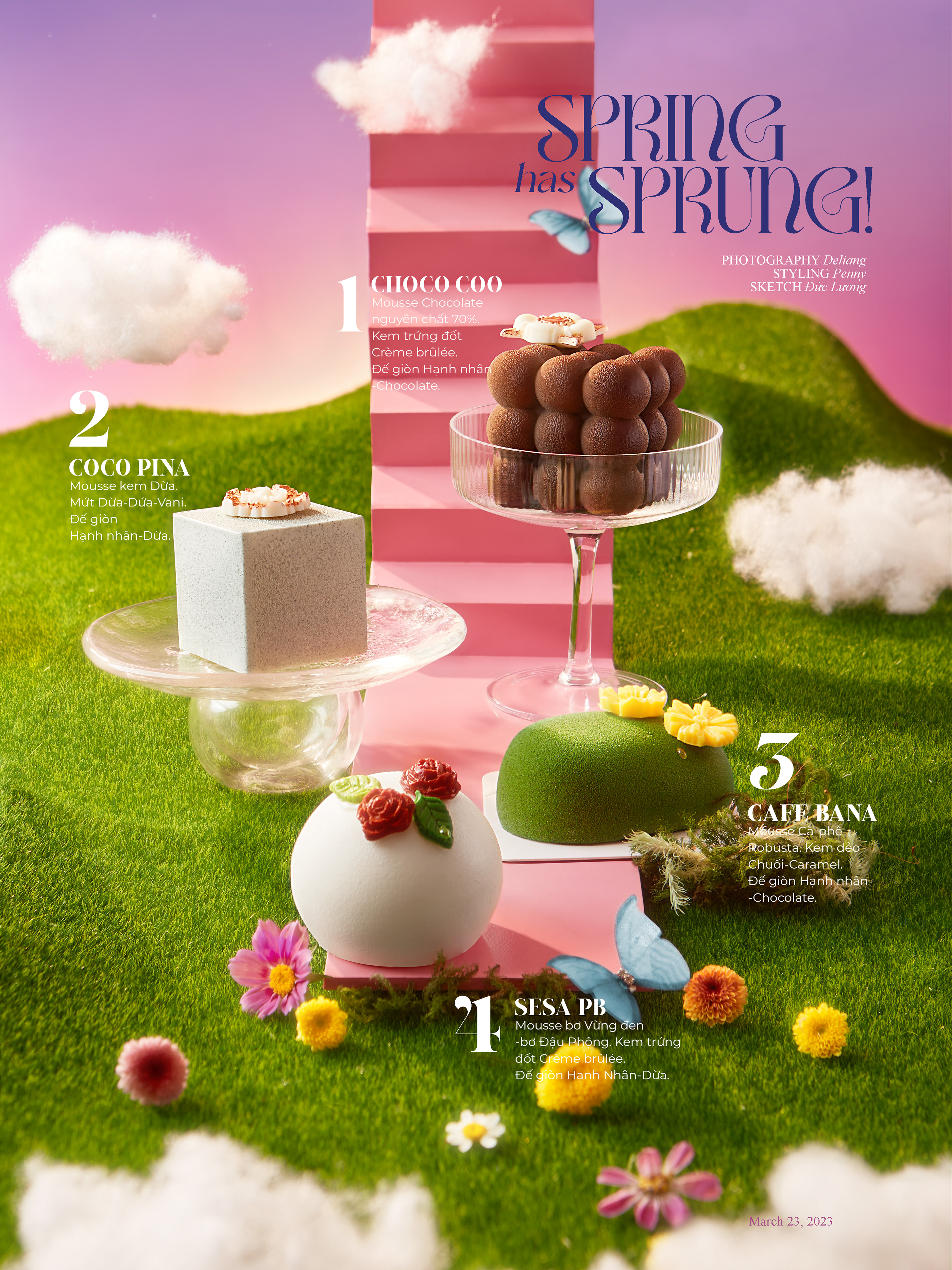 Poster: Four entremet desserts on a miniature grassy set with a pink staircase