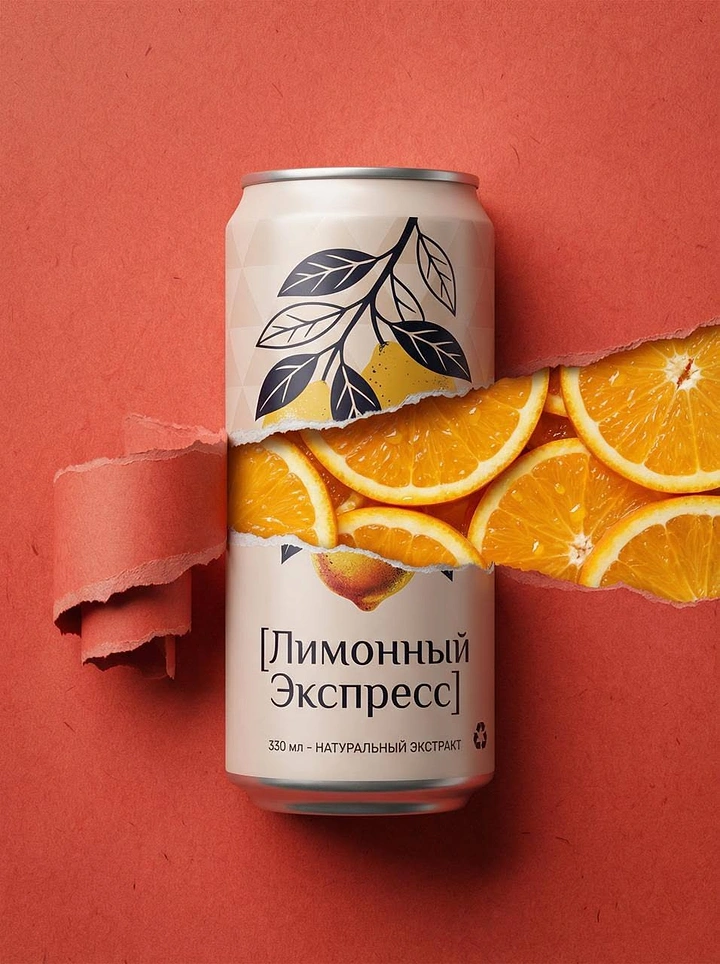 Soft Drinks & Beverages creative ad: Beverage can with a torn-paper band revealing orange slices
