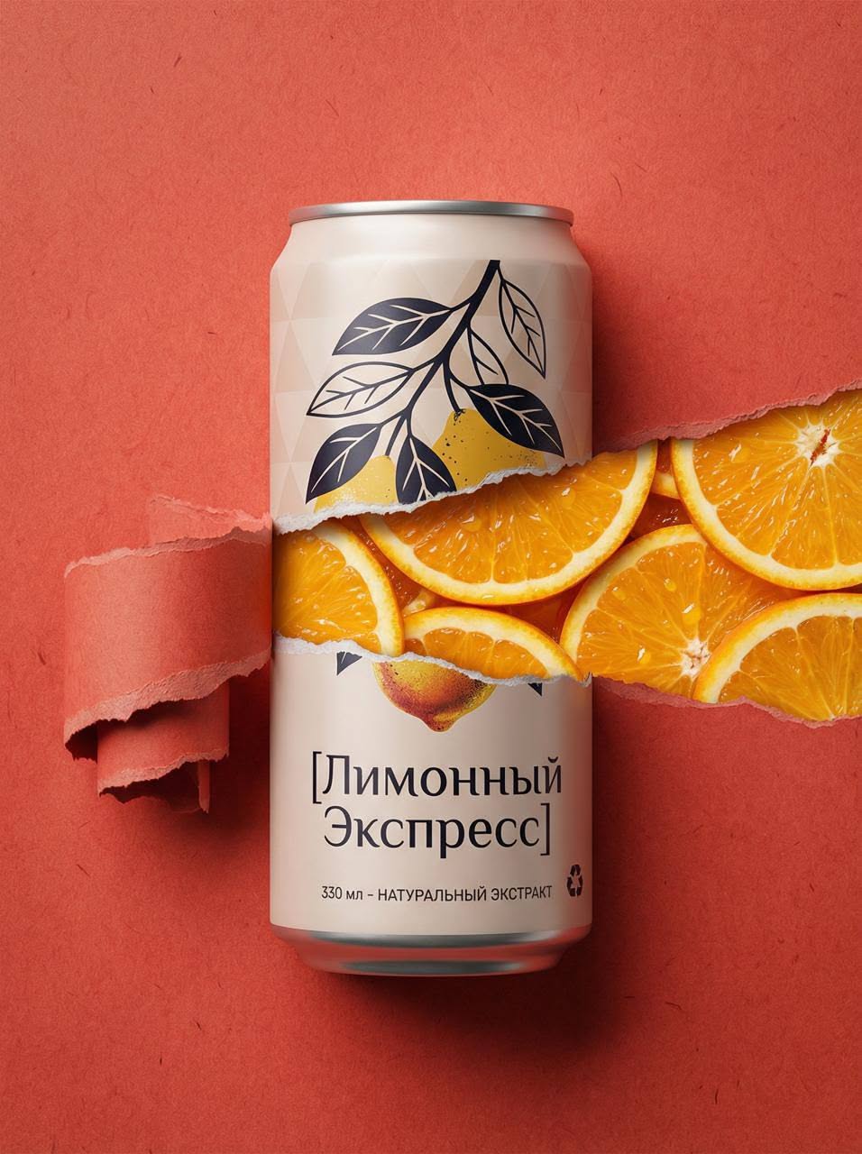 Instagram post: Beverage can with a torn-paper band revealing orange slices