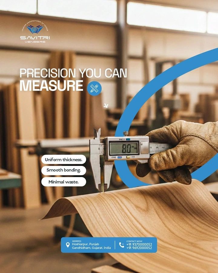 Carpenters & Woodwork creative ad: Caliper measuring veneer proves precision claim