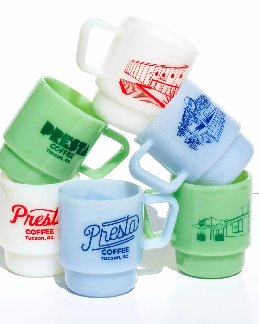 Instagram post: Playful stacked branded mug arrangement