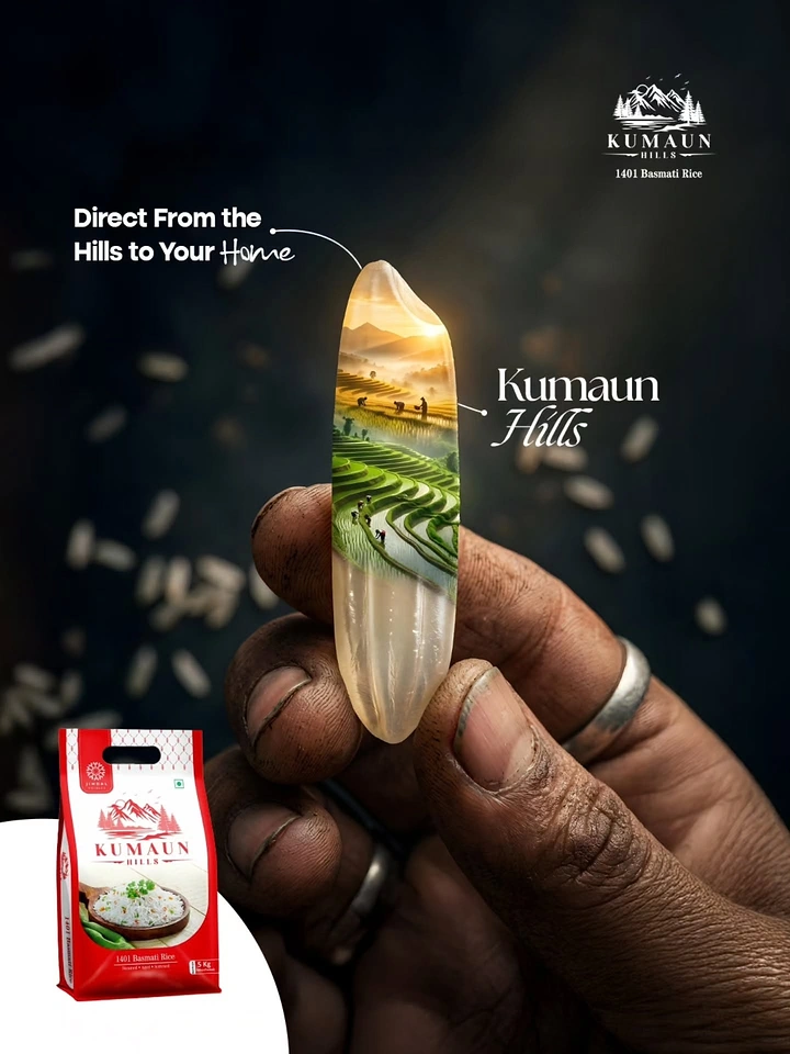 Rice, Atta & Flour Brands creative ad: Weathered hand holding a giant rice grain containing terraced hill paddies
