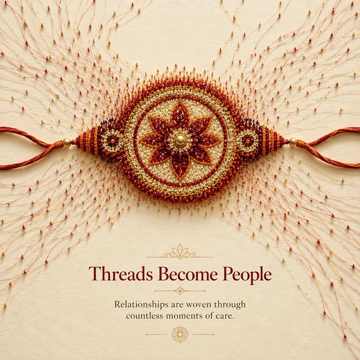 Raksha Bandhan creative ad: Embroidered rakhi made of tiny people, with radiating threads