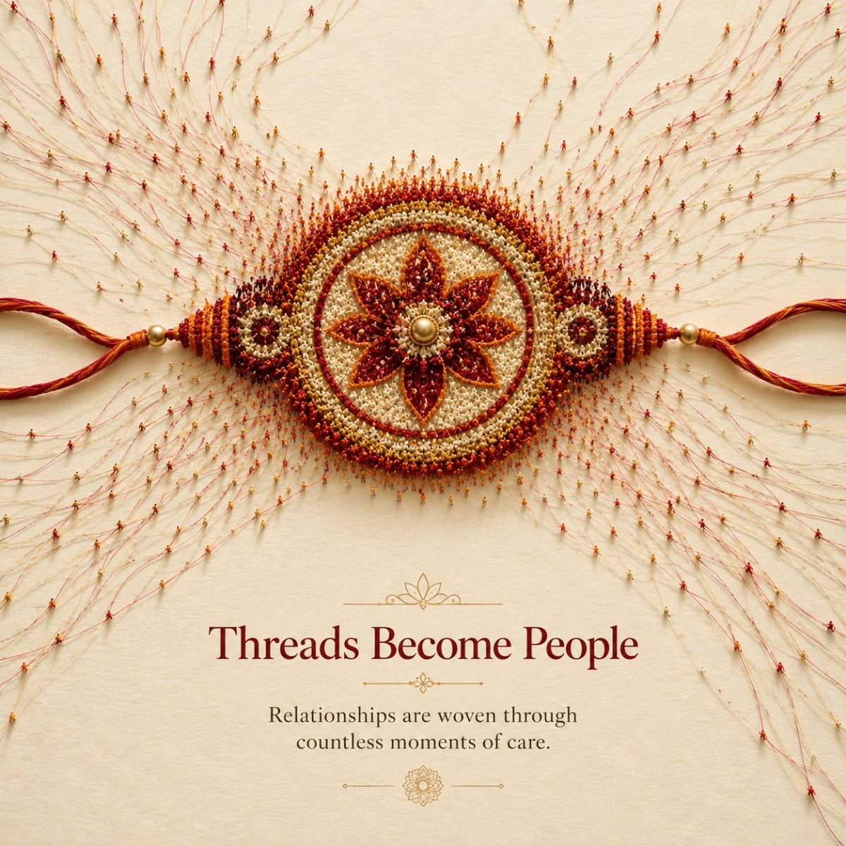 Embroidered rakhi made of tiny people, with radiating threads