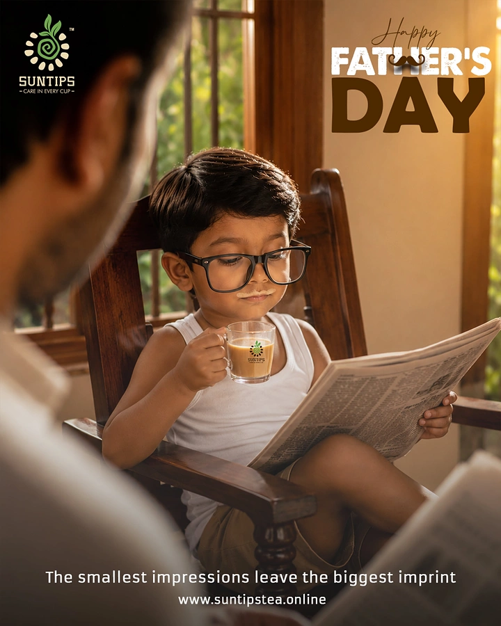 Father's Day creative ad: Little boy in big glasses sipping tea and reading a newspaper like his dad