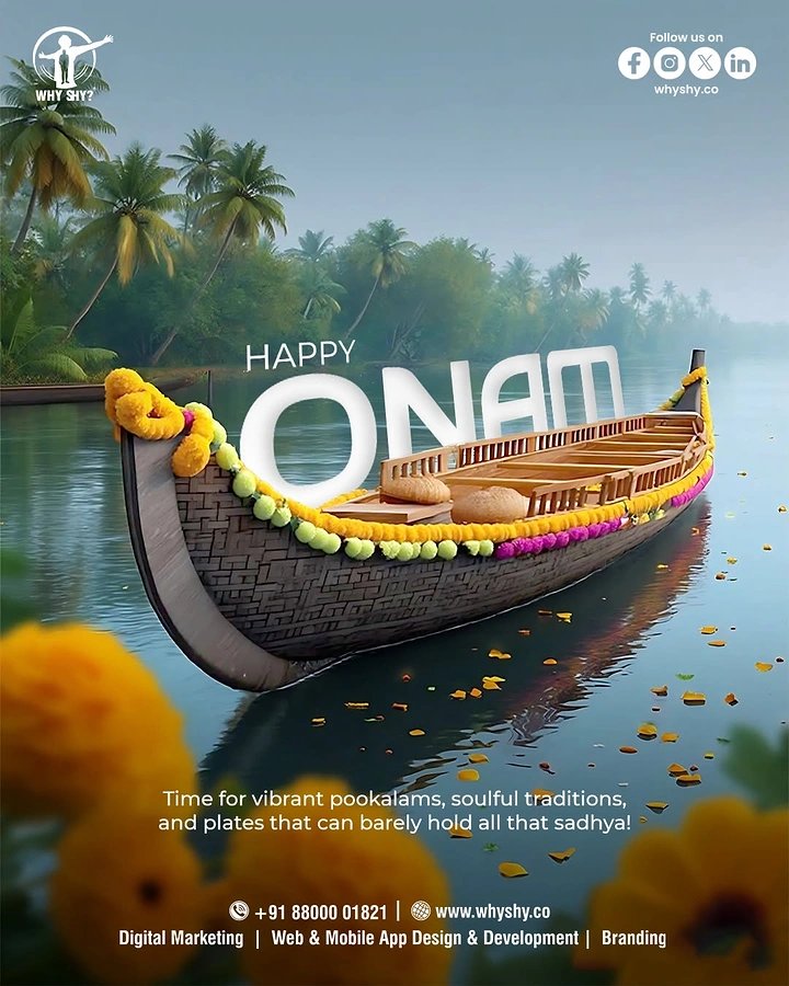 Onam creative ad: A marigold-garlanded snake boat on Kerala backwaters