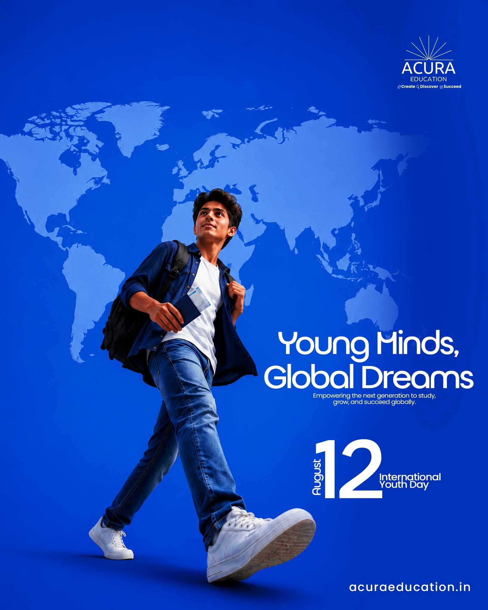 other-festival Instagram post: Young man with backpack and passport striding in front of a world map