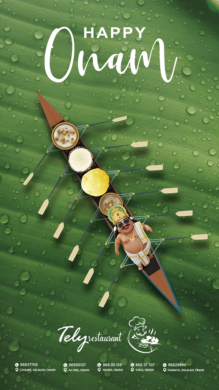 Onam creative ad: Snake boat carrying sadya dishes and Mahabali on a dewy banana leaf