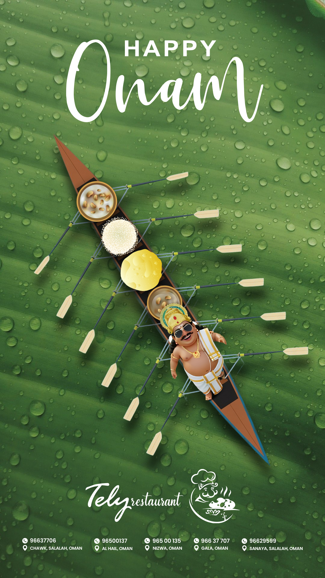 Snake boat carrying sadya dishes and Mahabali on a dewy banana leaf