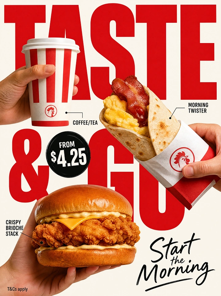 Creative ad: Hands holding a striped coffee cup, a bacon-egg wrap and a crispy chicken brioche burger