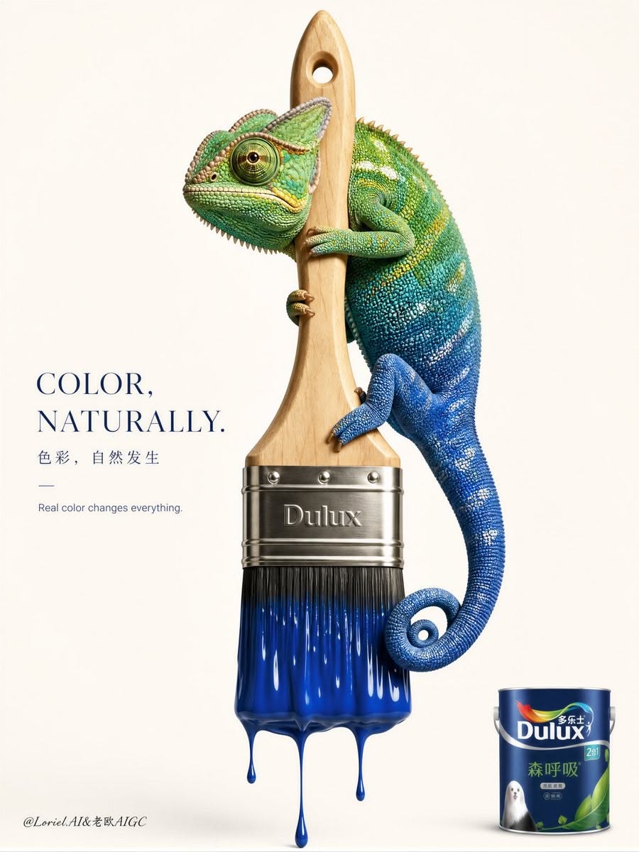 Poster: Chameleon shifting from green to blue while wrapped around a dripping paintbrush