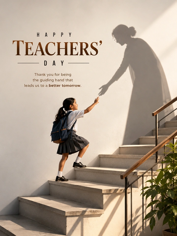 Teachers Day creative ad: Schoolgirl climbing stairs, reaching for the shadow hand of a teacher on the wall