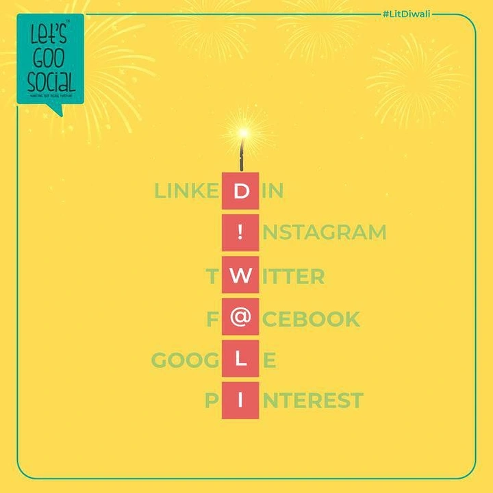 Diwali creative ad: Vertical firecracker made of letter tiles spelling DIWALI