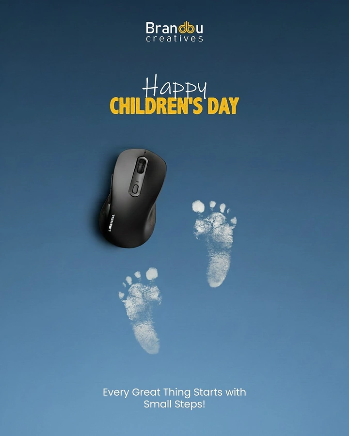 Children's Day creative ad: Black computer mouse beside white baby footprints