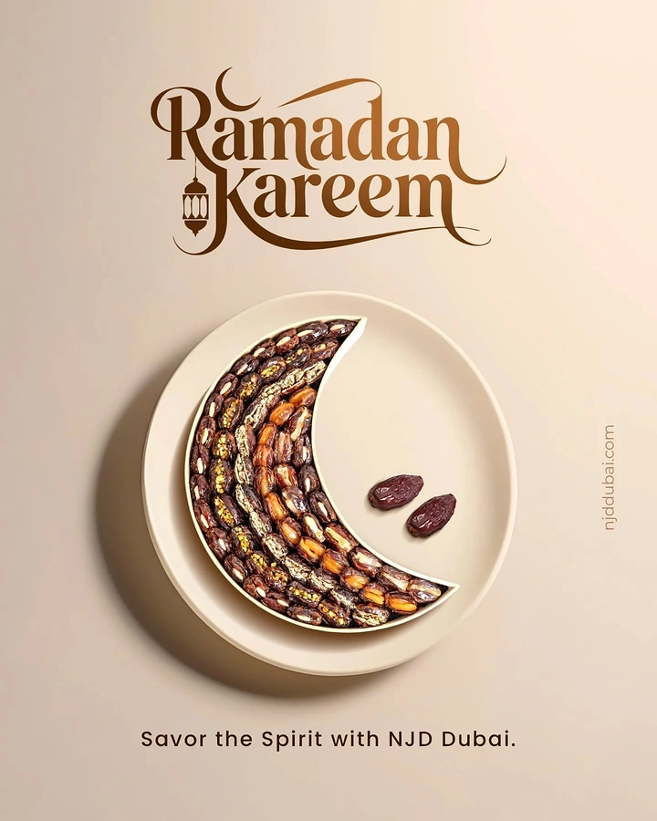Ramadan creative ad: Assorted dates arranged in a crescent tray on a cream plate