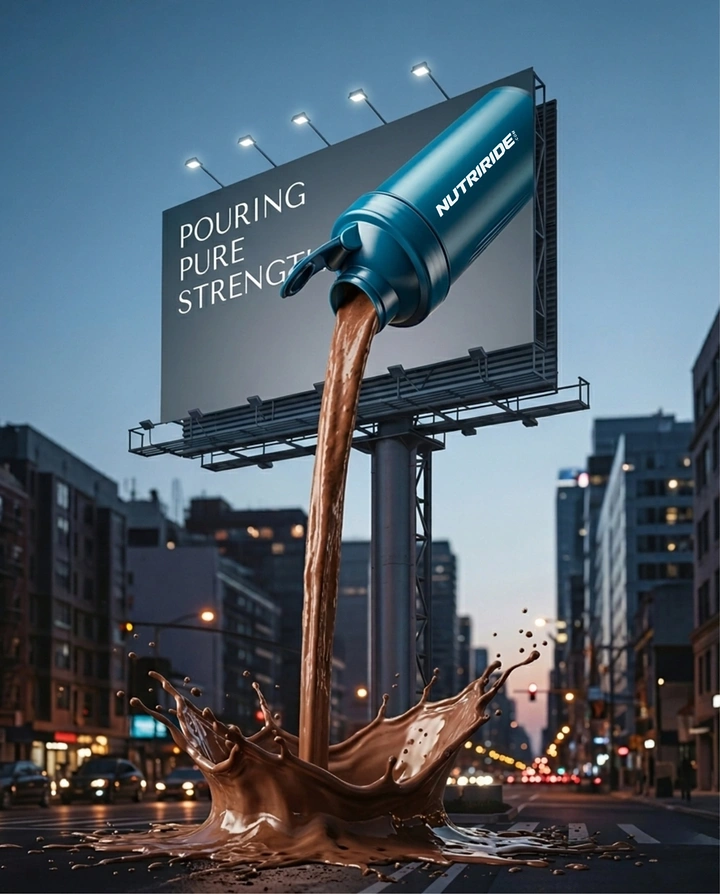 Creative ad: Shaker bottle breaking out of billboard pouring chocolate shake onto street