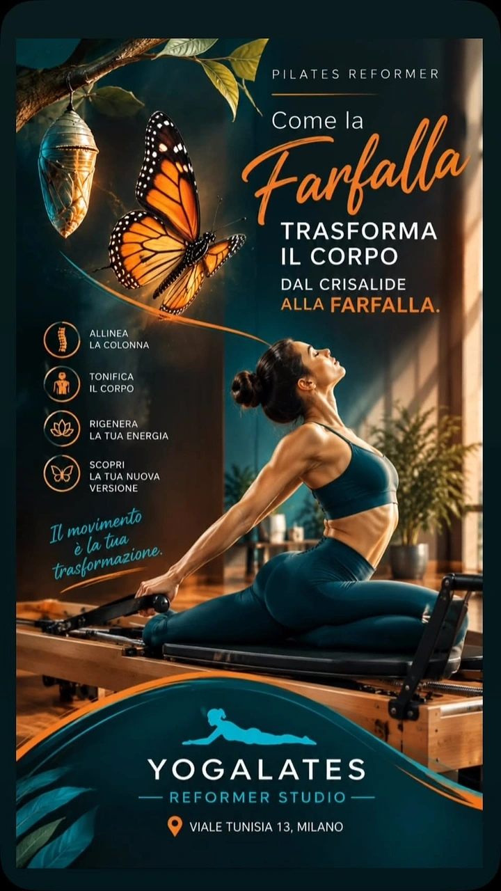 Pilates Studios creative ad: Woman in backbend stretch on a Pilates reformer with a monarch butterfly and chrysalis