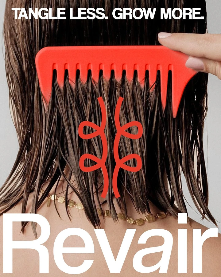 Hair Care Brands creative ad: Red comb running through wet brunette hair, seen from behind