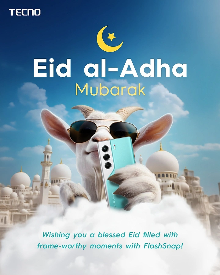 Eid creative ad: White goat in aviator sunglasses holding a teal smartphone above clouds