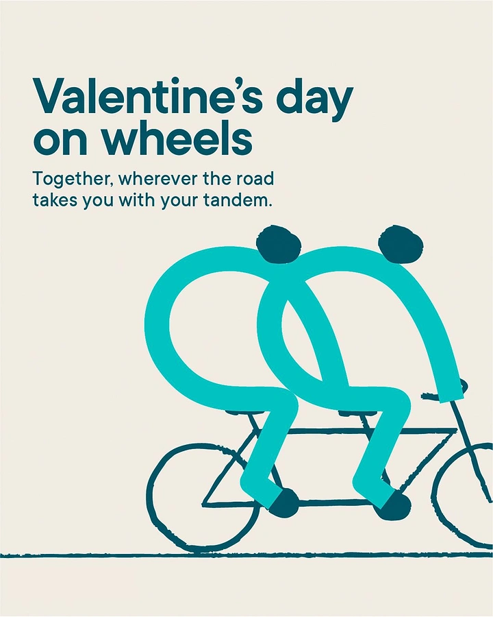 Valentine's Day creative ad: Two stylised riders on a tandem bicycle forming heart shapes