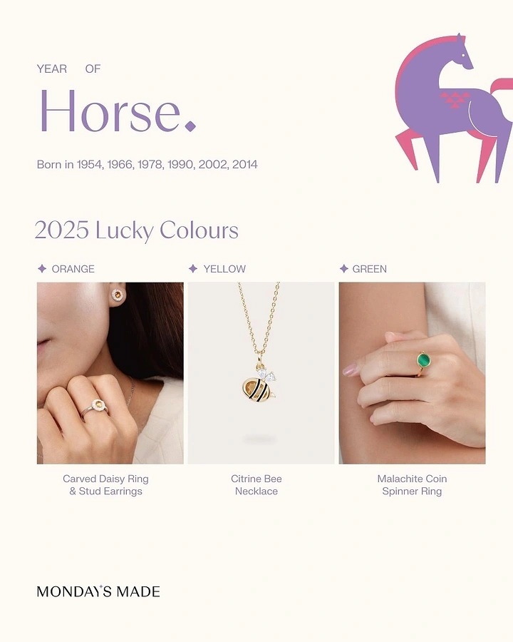 Lunar New Year creative ad: Zodiac horse guide with three lucky-colour jewelry pieces