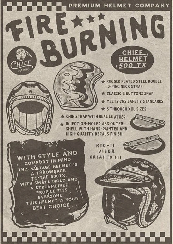 Helmets & Riding Gear creative ad: Burning helmet theme supports vintage ad concept