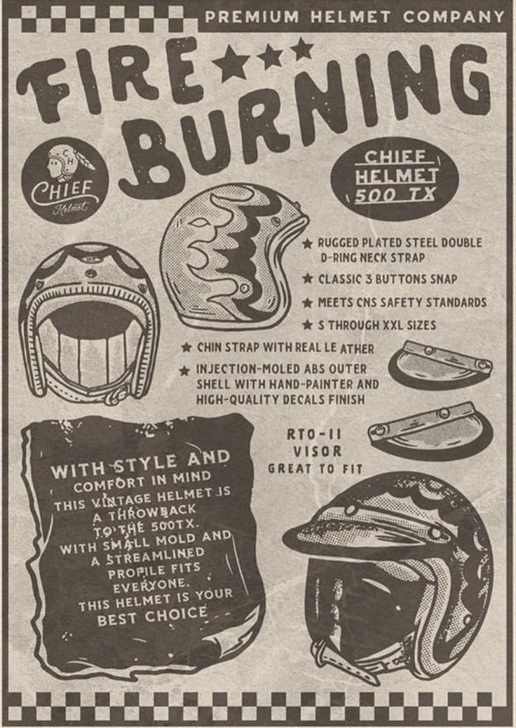 Story: Burning helmet theme supports vintage ad concept