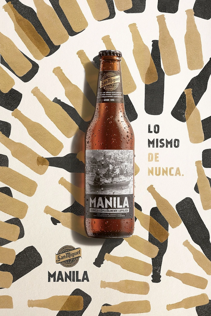 Creative ad: Amber beer bottle over a burst of bottle silhouettes