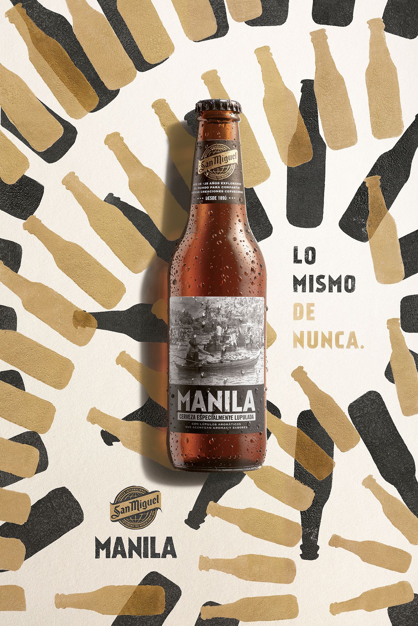 Poster: Amber beer bottle over a burst of bottle silhouettes