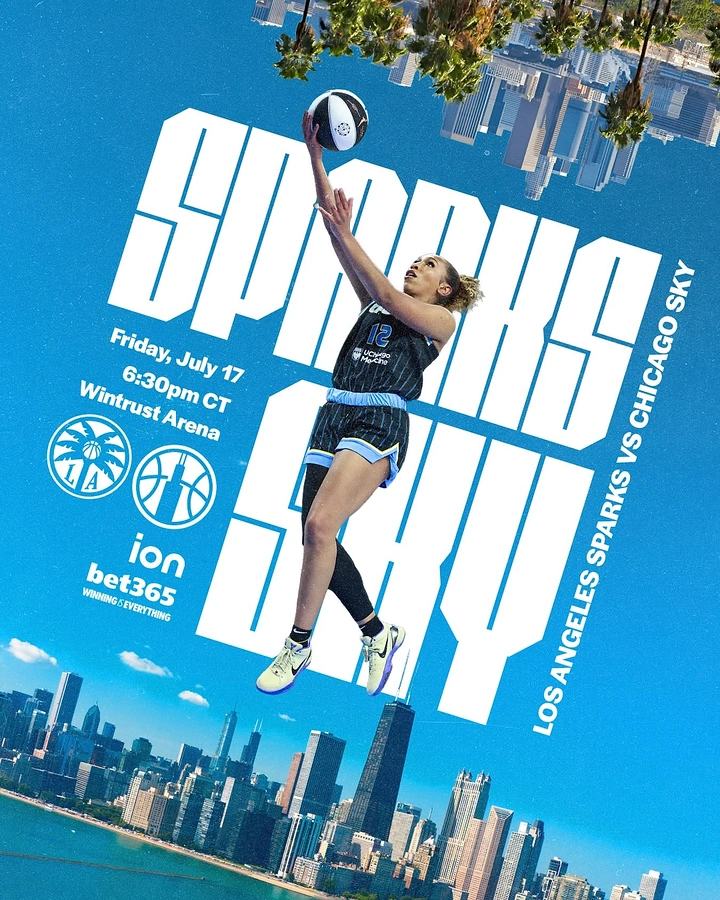 Events & Nightlife creative ad: Basketball player mid-layup between two mirrored city skylines