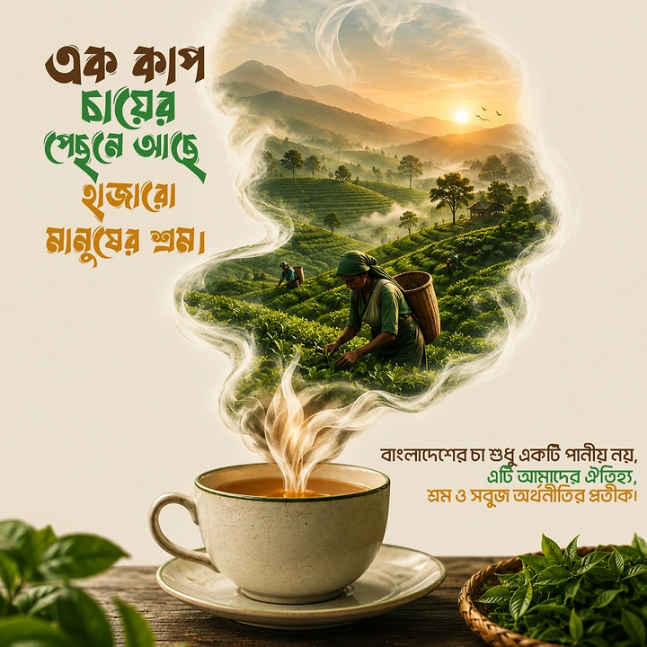 Tea & Chai Brands creative ad: Steaming teacup whose steam forms a tea-garden scene with a woman plucking leaves