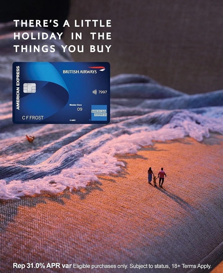 Finance & Banking creative ad: Knitted blanket styled as ocean waves on a beach with tiny family figurines