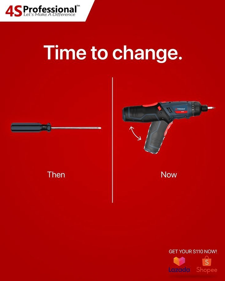 Power Tools creative ad: Effective then-versus-now transformation