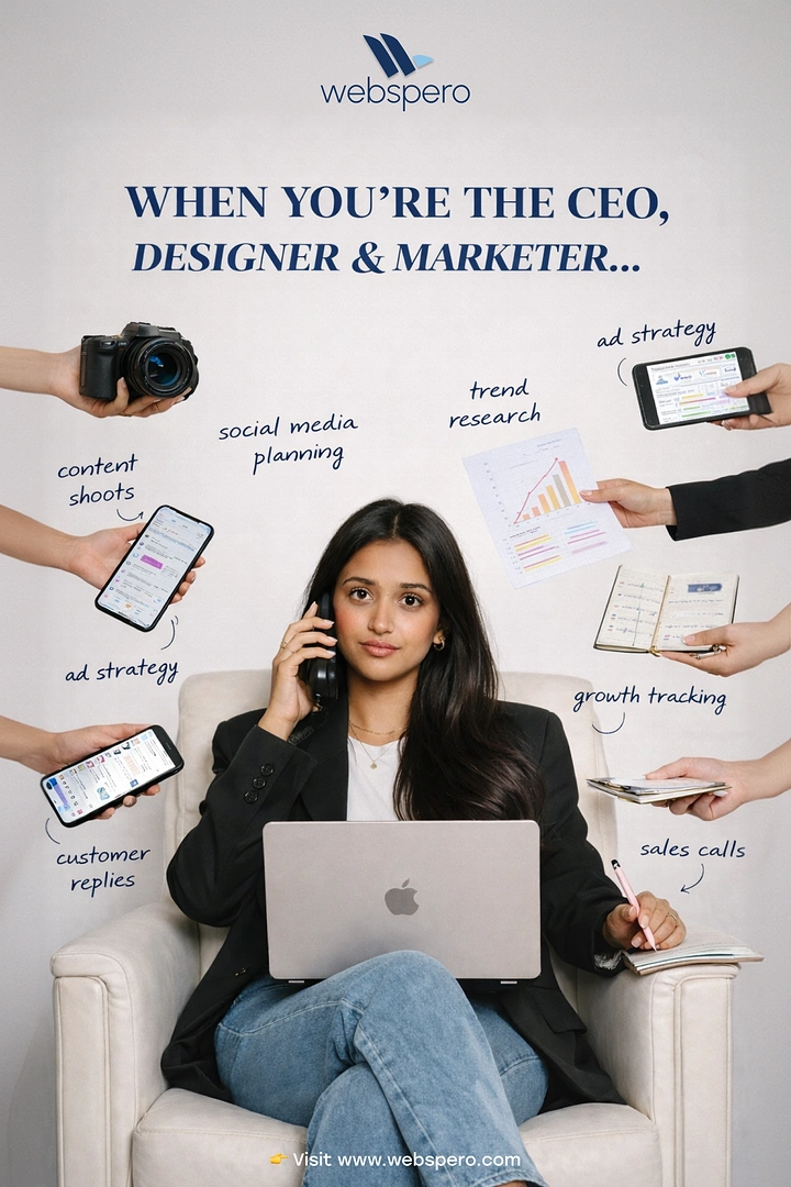 Agency creative ad: Many hands pulling overloaded CEO, relatable
