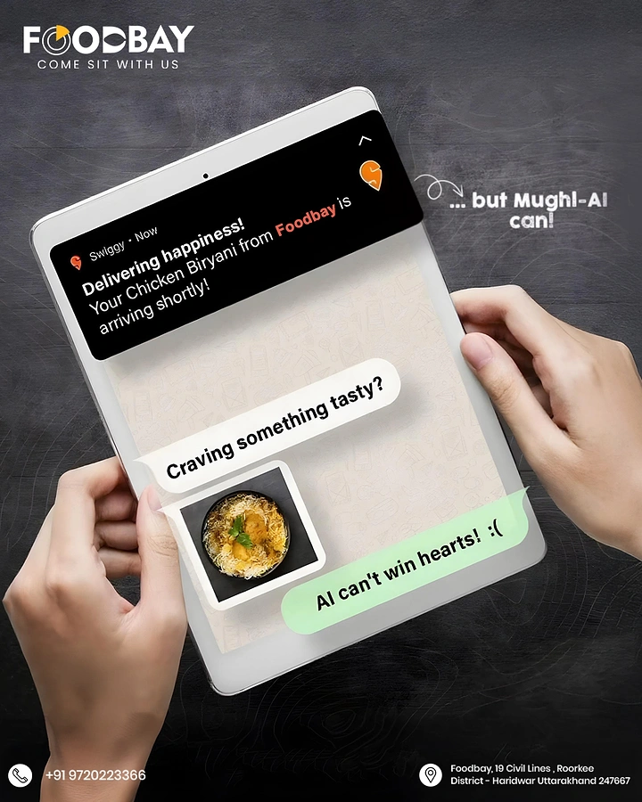 Cloud Kitchens & Food Trucks creative ad: Delivery notification chat: AI can't win hearts