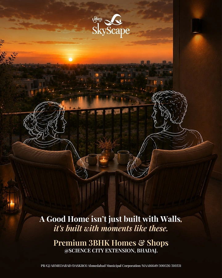Creative ad: Balcony at sunset with a white line-drawn couple in two chairs