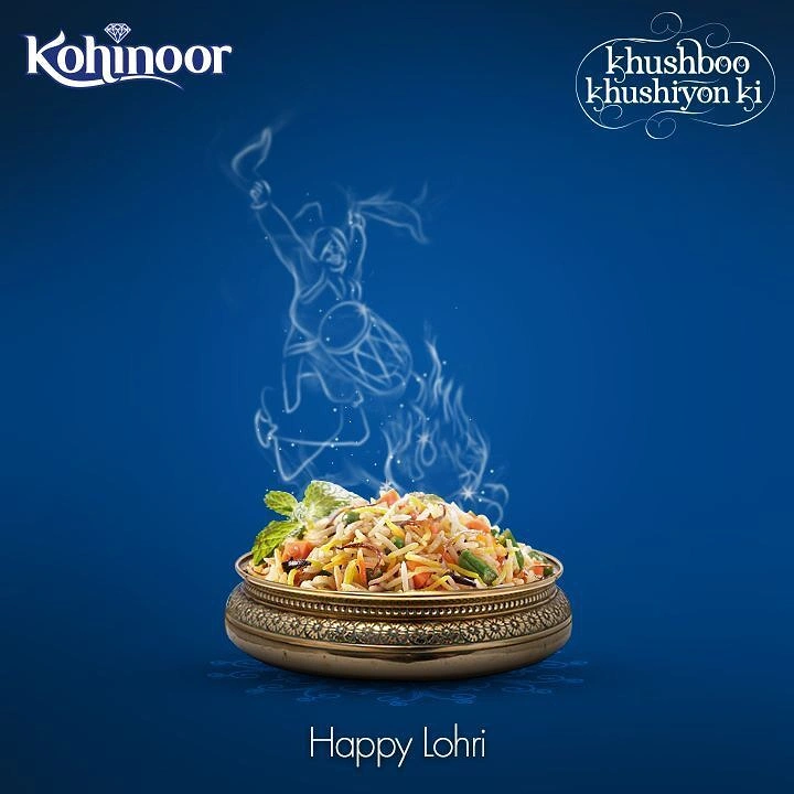 Lohri creative ad: Brass bowl of vegetable biryani with steam forming a bhangra dancer with dhol
