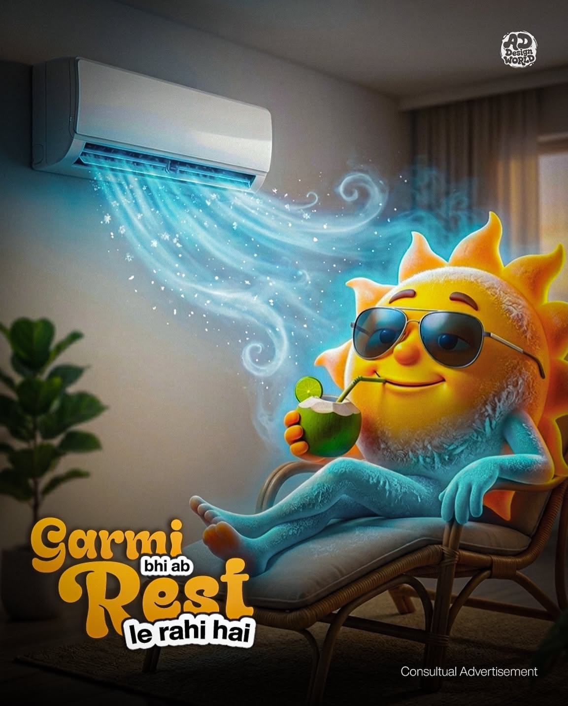 Instagram post: 3D cartoon sun chilling frozen blue under an AC