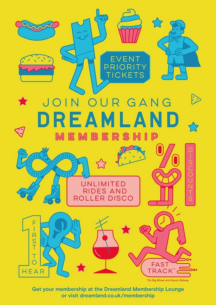 Amusement & Water Parks creative ad: Cartoon mascot characters representing membership perks