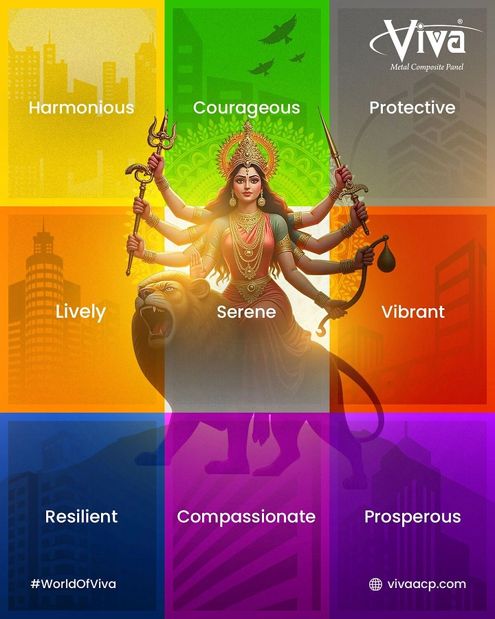 Navratri creative ad: Goddess Durga riding a lion over a nine-colour grid