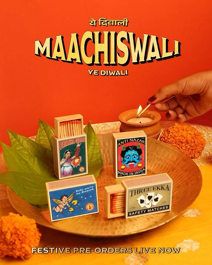 Diwali creative ad: Maachiswali pun with retro matchbox packaging