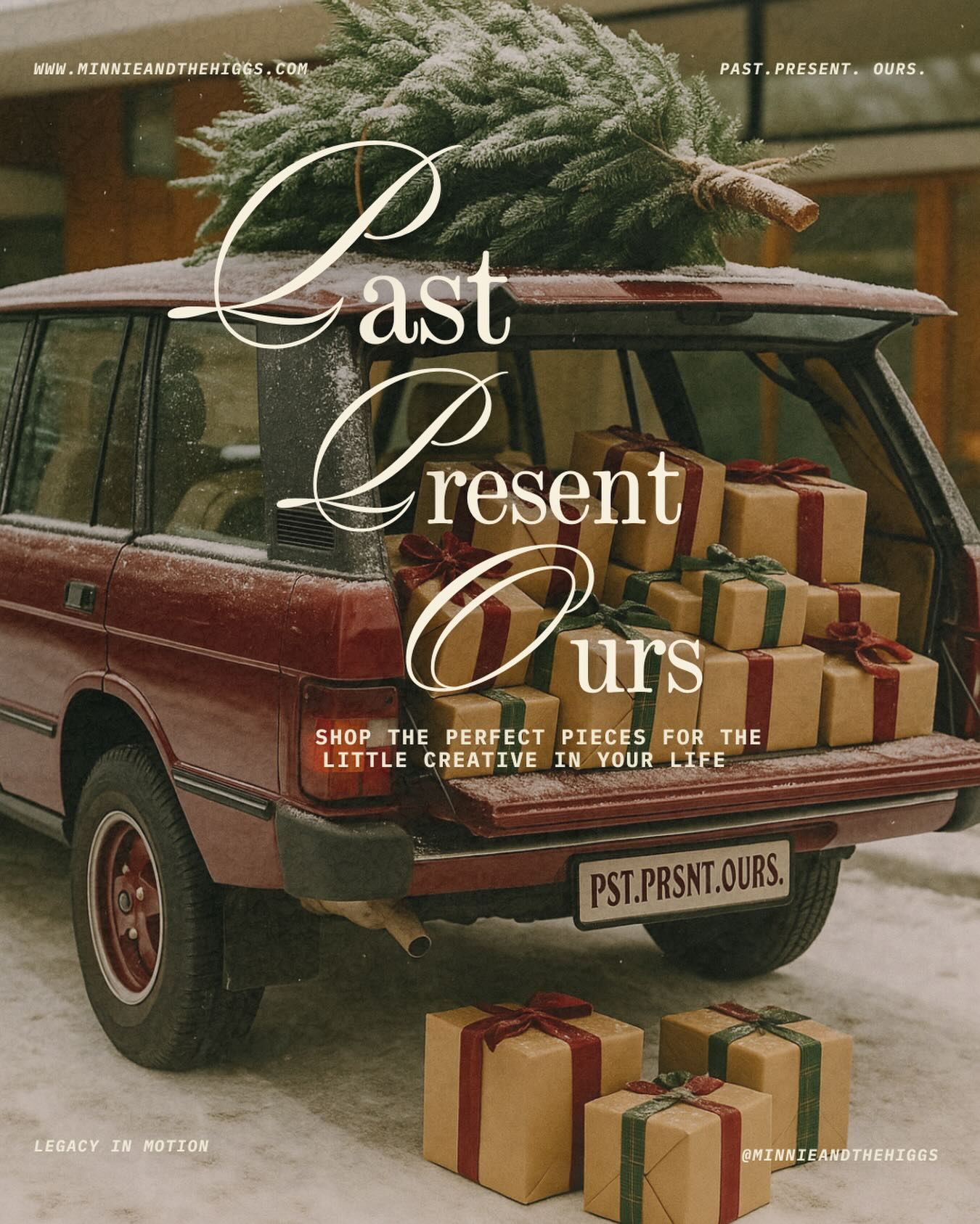 Christmas Instagram post: Vintage red SUV with tree on roof and trunk full of gifts