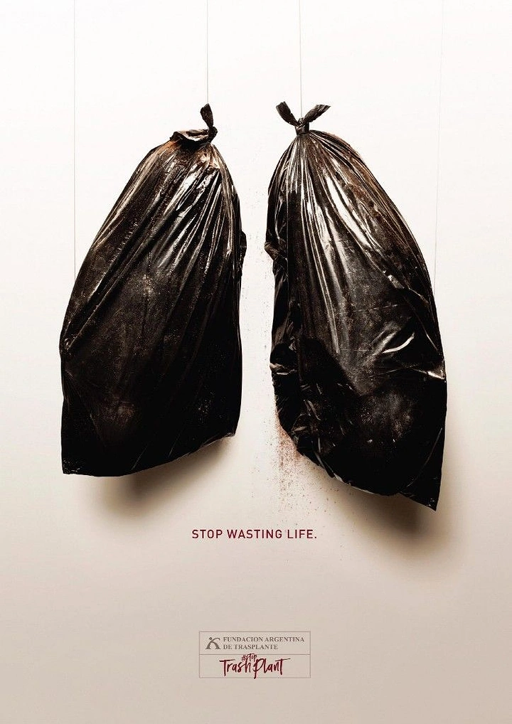 Creative ad: Two black trash bags hung to form a pair of lungs