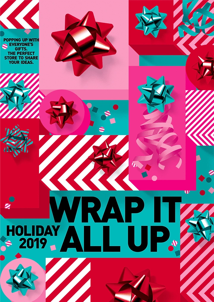 Christmas creative ad: Top-down grid of gift boxes with metallic bows