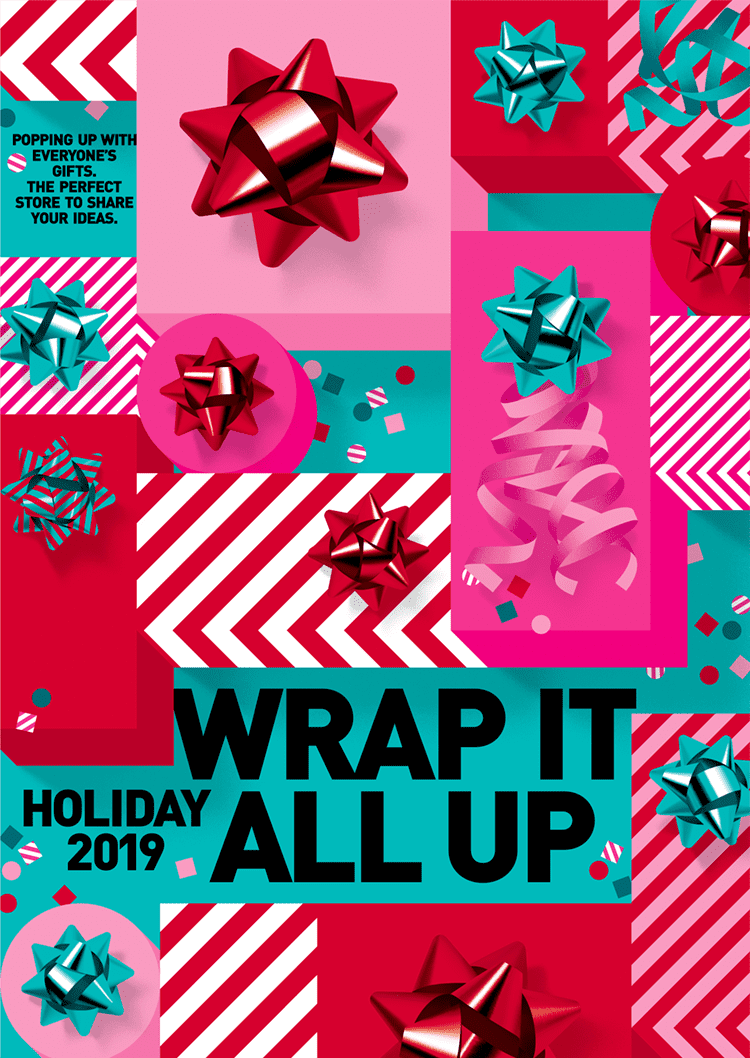 Christmas Poster: Top-down grid of gift boxes with metallic bows